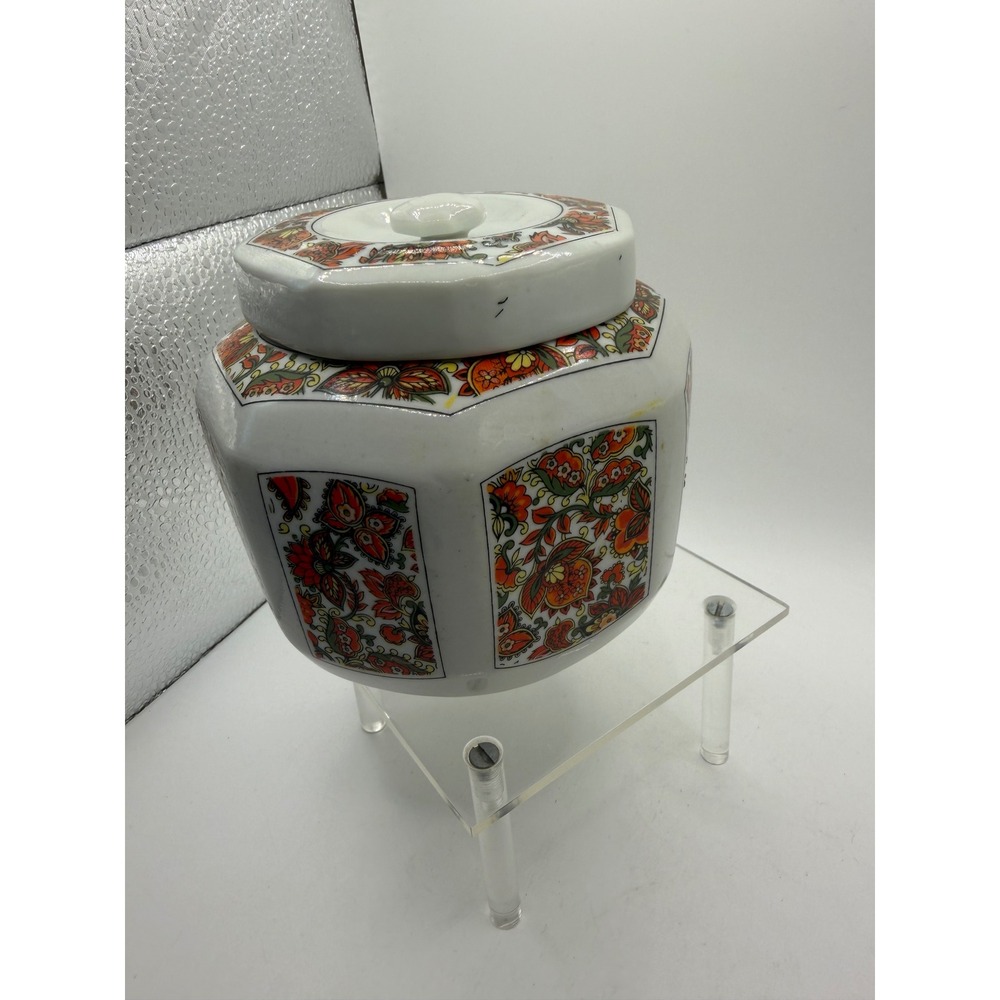 Hung‎ Jin China Octagonal Ginger Jar Floral Paisley Orange White Lidded Pot 4.5" - Picture 5 of 8